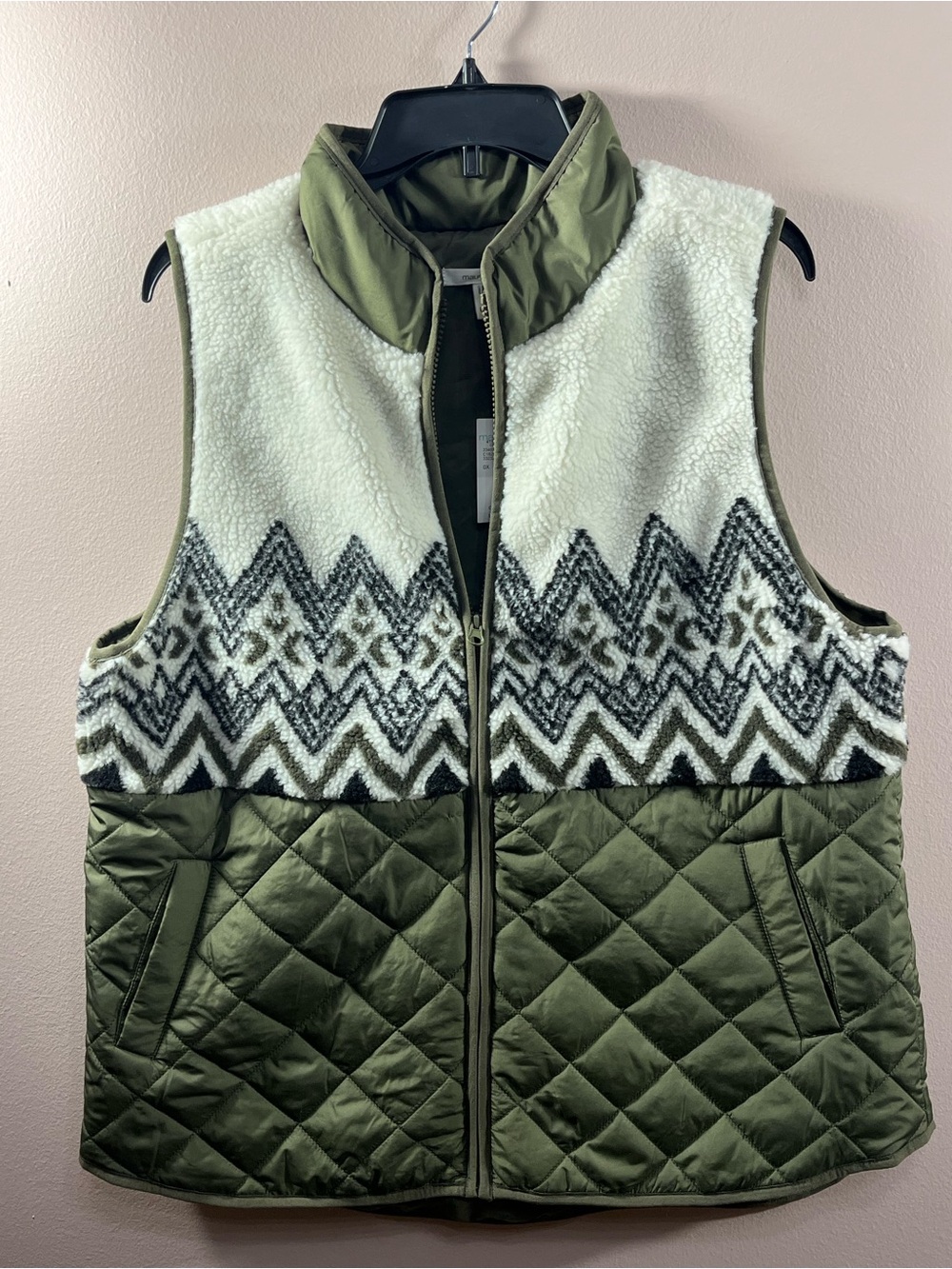 Maurices Olive Green Quilted Vest with Cream Sherpa